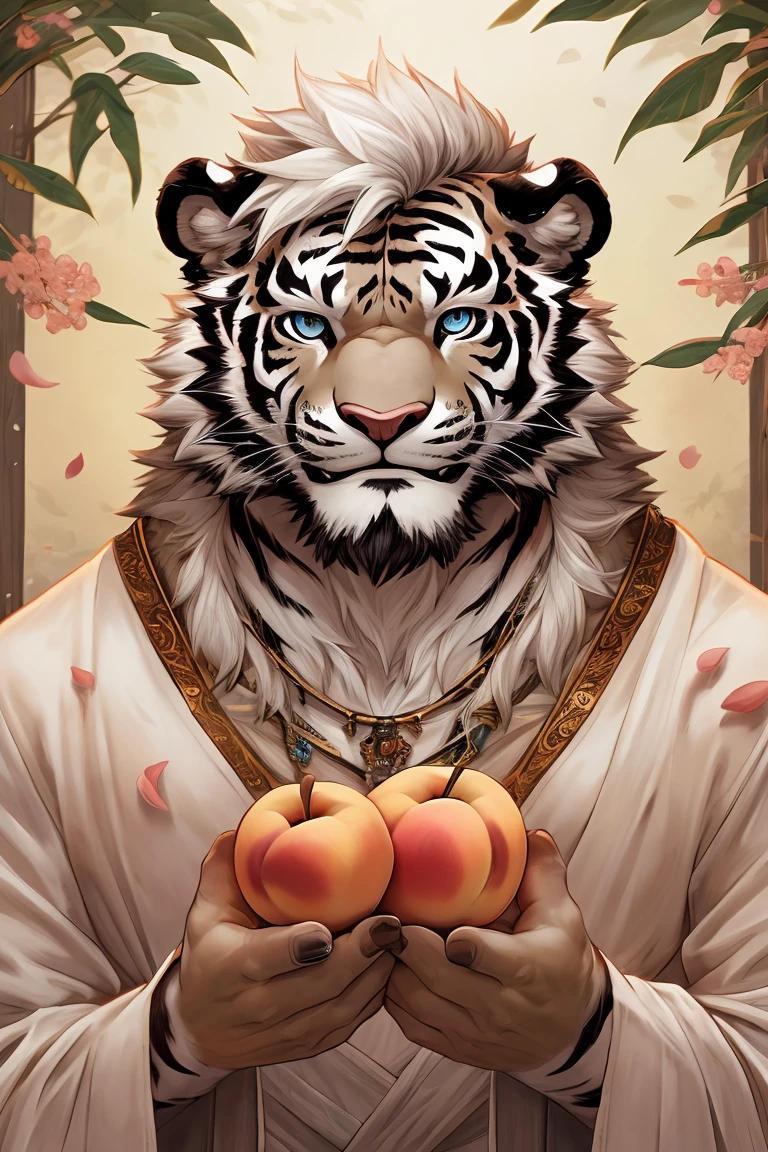 White fur,black strips,white tiger,medium height,Thin body type,Peach Blossom,White hair,Silver necklace,white tiger Orc,short hair,Smile,Solid wood house background,Croak,Peach Blossom Petals,male,Blue eyes,White robe,Peach Blossom Opens,Exquisite eyes,White Tiger