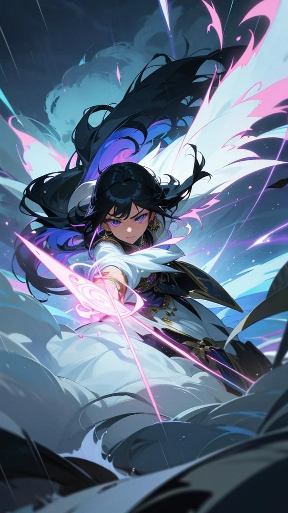 A high-definition anime illustration of a character named Kriti Shetti. She is in a dramatic, climactic scene with intense weather elements. Kriti has long, flowing hair, vibrant eyes, and is wearing an elaborate outfit, perhaps with intricate patterns and vibrant colors. The background shows a tumultuous sky with dark storm clouds, lightning, and heavy rain. Kriti is positioned heroically, with a determined expression, perhaps wielding a magical staff or sword that glows with energy. The scene is dynamic, with motion depicted in her hair and clothes being swept by the wind.