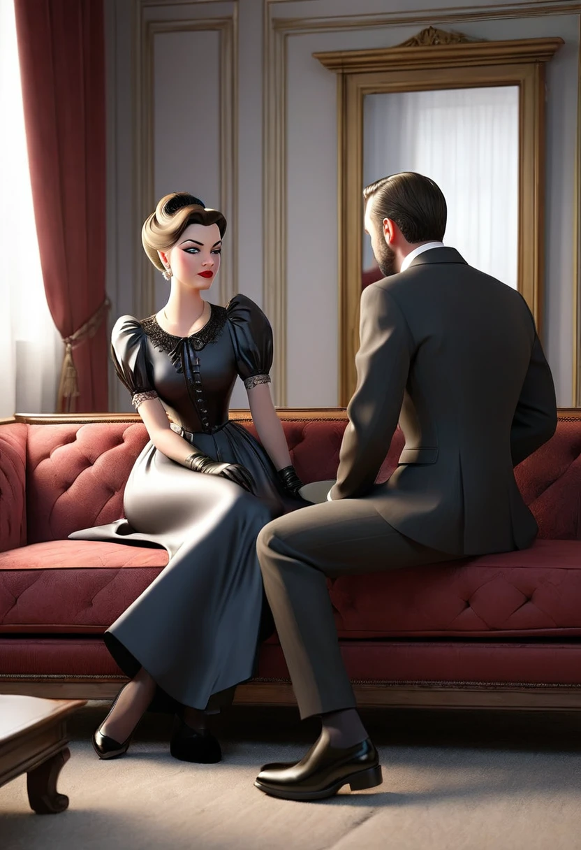 Mistress NervousThe mistress sitting on the couch, looking nervous as she reassures her husband.The husband standing with a firm expression, looking around
Husband LeavesThe husband leaving the room, the door closing behind him.The mistress visibly relaxing as the husband exits.