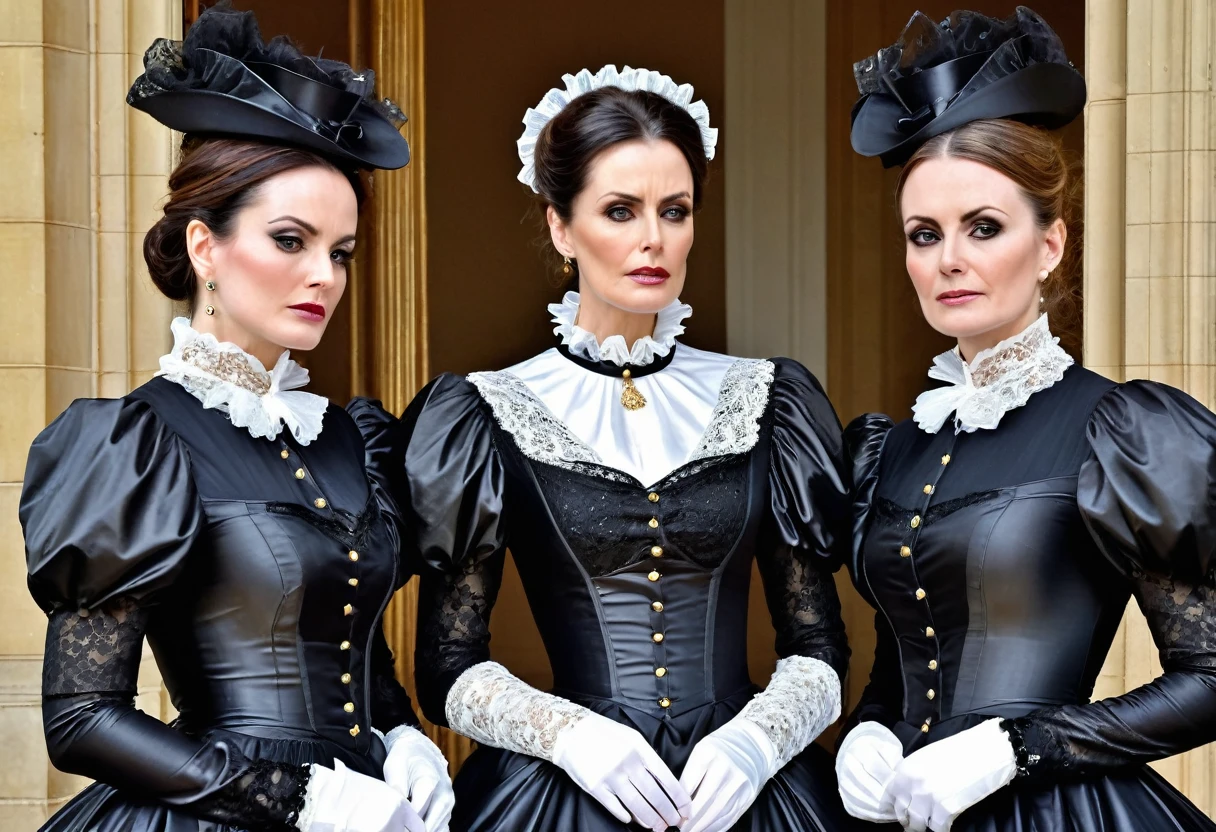spectacularly beautiful 45 yo trophy wife with elegant makeup and fantastic hourglass figure wearing a very strict Victorian gown with massive crinoline, tall starched lace collar and puff sleeves. shiny metallic gold silk taffeta. arrogantly standing at Carlton Towers facing her humiliated identical twin sister who is dressed in a black pvc formal chambermaid uniform. upper body view