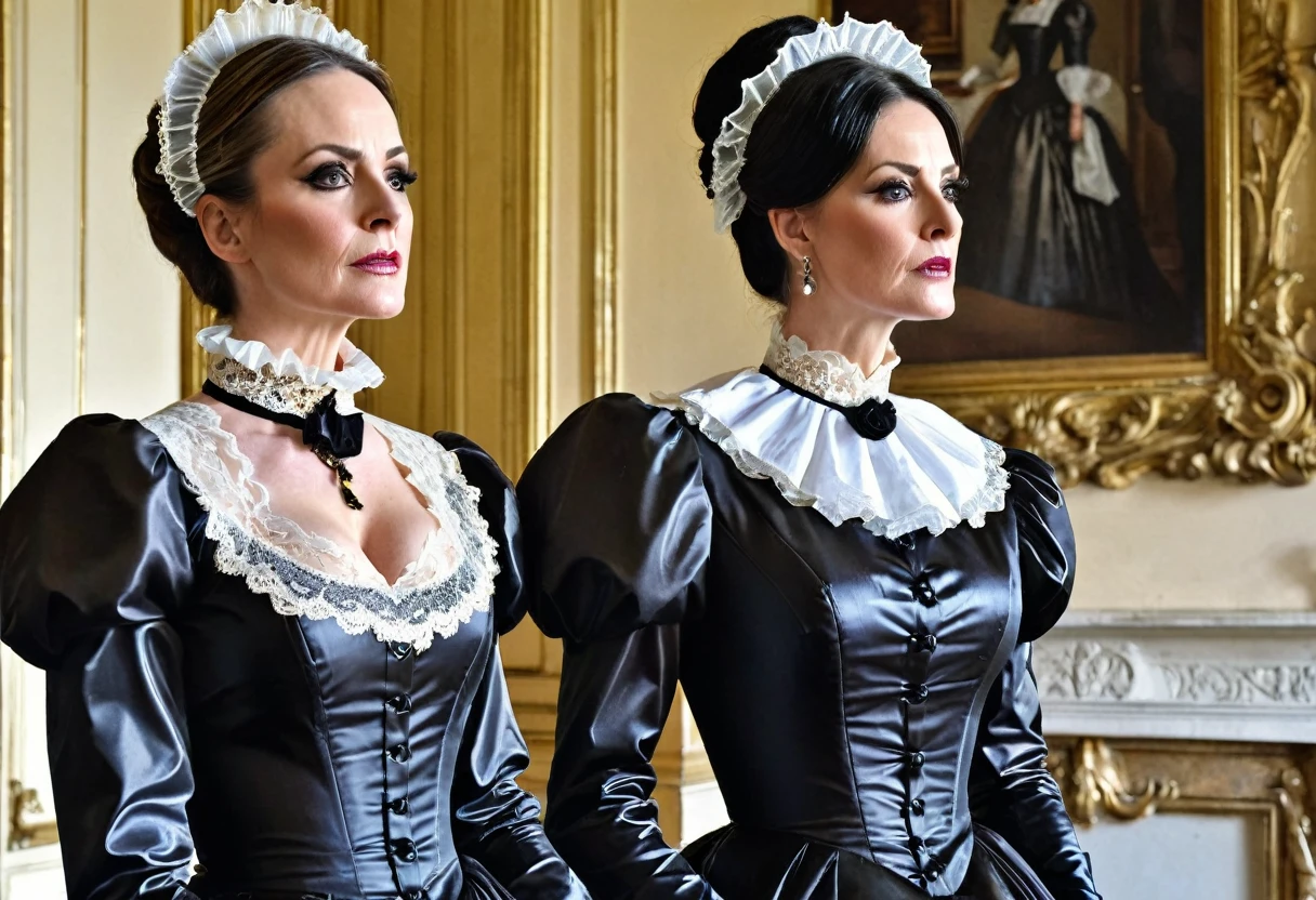 spectacularly beautiful 45 yo trophy wife with elegant makeup and fantastic hourglass figure wearing a very strict Victorian gown with massive crinoline, tall starched lace collar and puff sleeves. shiny metallic gold silk taffeta. arrogantly standing at Carlton Towers facing her humiliated identical twin sister who is dressed in a black pvc formal chambermaid uniform. upper body view