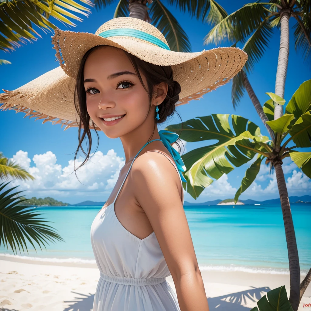 portrait of a girl, smile, close up, on a tropical beach, palm trees in the background, clear blue sky, turquoise water, white sand, summer dress, sunlight, soft shadows, vibrant colors, highly detailed, realistic, 8k resolution