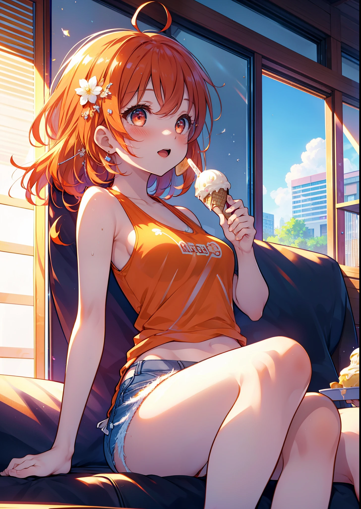 Takahai Chige,Orange Hair,Red eyes,smile,blush,Open your mouth,Long Hair,Ahoge,Orange tank top,Shorts,barefoot,Holding and eating ice cream with both hands,Sitting on the sofa,Daytime,Clear skies,　　　　　　　　　　　　　　　break indoors, room, 　　　　　　　　　　　　　break looking at viewer, whole body, (Cowboy Shot:1. 5)　　　　　　　　　　　　　　　　　　break (masterpiece:1.2), Highest quality, High resolution, unity 8k wallpaper, (shape:0.8), (Beautiful attention to detail:1.6), Highly detailed face, Perfect lighting, Extremely detailed CG, (Perfect hands, Perfect Anatomy),