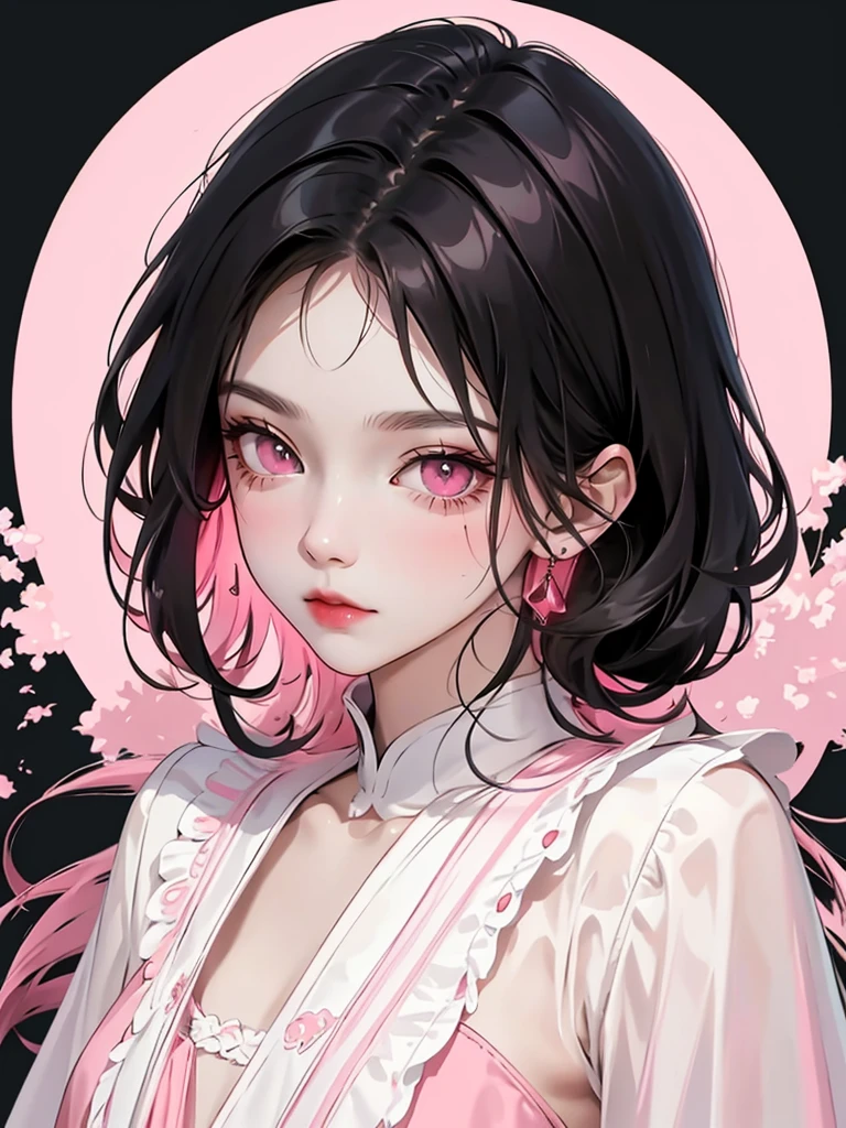 (flat color:1.1),(masterpiece:1.2), original, medium length straight black hair, pink-colored eyes, mature girl