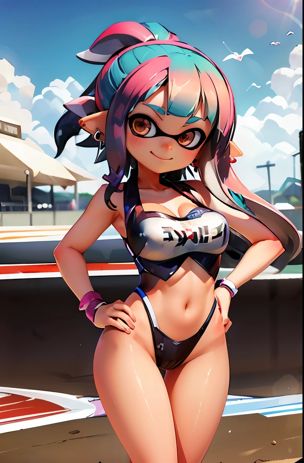 ((Highest quality)), ((masterpiece)), (detailed), Perfect Face, ((Highest quality, 8k, masterpiece: 1.3)), Real Anime、3d、Splatoon Girl、Sharp focus Beautiful woman with perfect body, Slim abdomen, Highly detailed face and skin texture, detailedな目金色の目, smile, blush、Multicolored tentacle hair、 ponytail、big heart earrings, ((Race Queen)), gigantic breast、Cleavage、FI turns around, Background Beach, Shark shaped boat、Boat racing、Race Queenコスチューム, Sunburned skin, Brown Skin