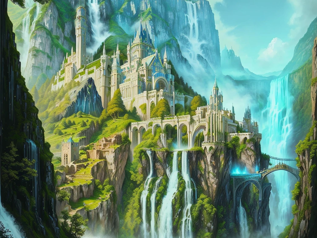 The painting shows a castle on a hill,Waterfall in the foreground, epic Rivendell fantasy, Rivendell, Middle-earth Landscape, Elf City, scene where she is in Rivendell, High Fantasy Painted Scenes, Lord of the Rings concept art, Gemasa's Elven Palace, Medieval fantasy town, Elf Building, Illustrations