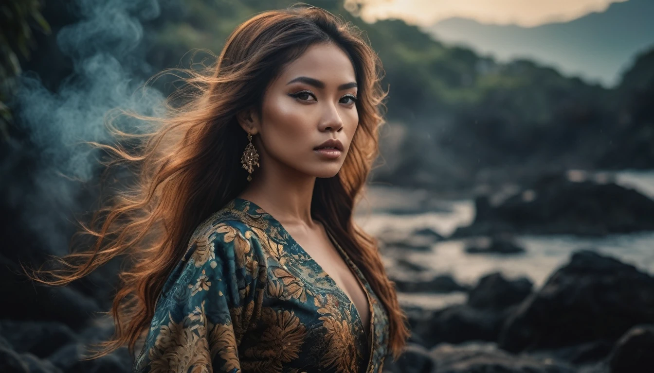 full body of indonesian sexy queen in luxurious ancient era (traditional batik), cinematic realism, high action full body pose, front view, badass, busy, insanely detailed sea background, littered, chaos, cinematic portrait photography, Kodachrome, perfect pupils, insanely detailed faces, intricately detailed disco location, film grain, HD, 8k, volumetric lighting, chiaroscuro, sfumato, (skin textures), cinematic portrait photograph, dimly lit, cool colors, hair backlighting, ear backlighting, volumetric lighting, Kodachrome, 8K, film grain, perfect eyes, perfect pupils, expressive eyes, hands by Albrecht Durer, smoke, particle fx, mist, fog
