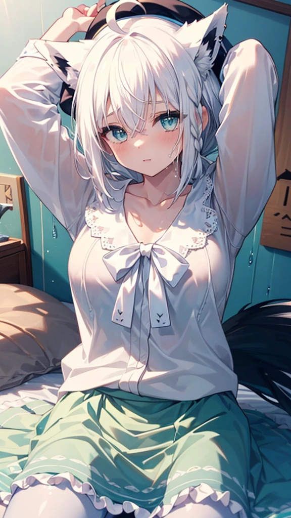 (best quality:1.2), (ultra detailed:1.2),(masterpiece:1.2),(8k:1.2),(ccfbk, long hair, ahoge, animal ears, beret, black headwear, fox tail, collarbone, white bowtie, white shirt, long sleeves, frilled skirt, green skirt, black pantyhose),(Blessed,Captivating body、Ultra detailed hands、Ultra-detailed eyes、Ultra-detailed skin、ultra-detailed face,Detailed Background),One Girl、(bedroom,lie down, watery eyes,arms up:1.5),(Embarrassing:1.5)