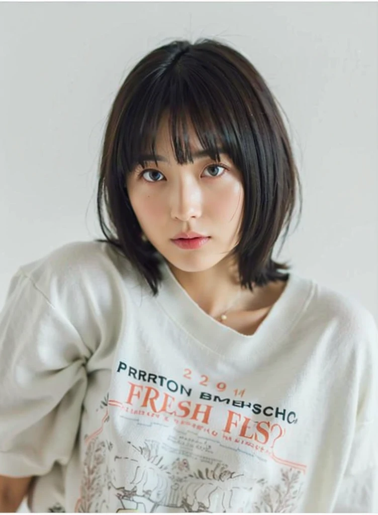 (top-quality、8K、32K、​masterpiece、nffsw:1.2)、Photo of a cute Japanese woman、very short bobbed hair、The upper part of the body、sface focus、Oversized_Sweaters、a necklace、simple background、From  above、looking at the viewers、