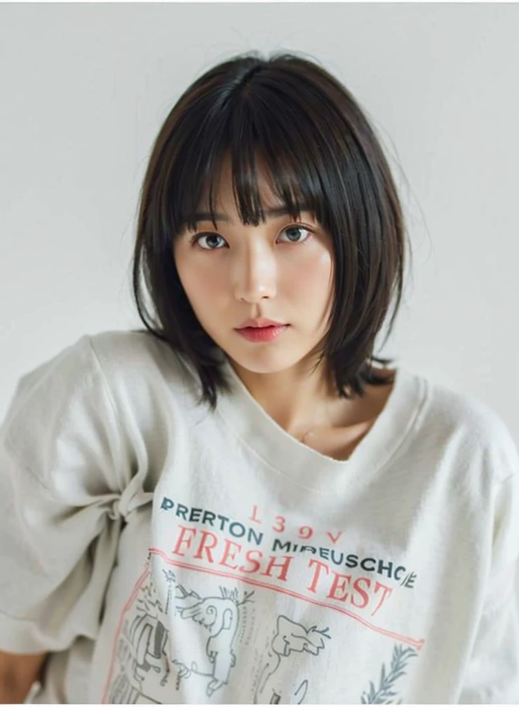 (top-quality、8K、32K、masterpiece、nffsw:1.2)、Photo of a cute Japanese woman、very short bobbed hair、The upper part of the body、sface focus、Oversized_Sweaters、a necklace、simple background、From above、looking at the viewers、