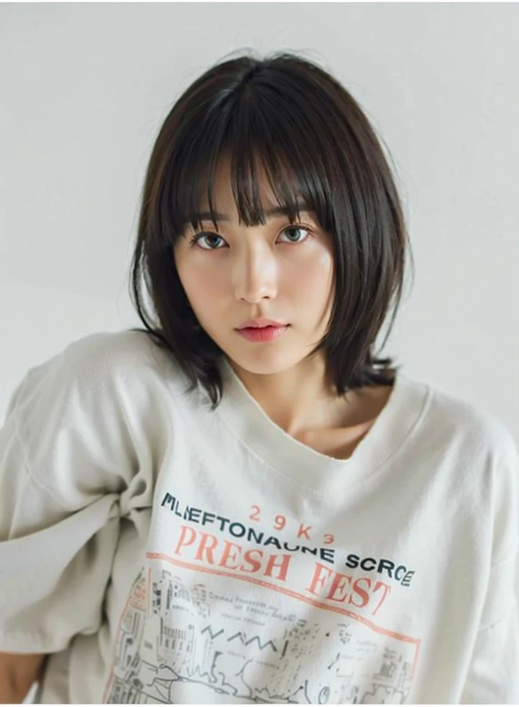 (top-quality、8K、32K、masterpiece、nffsw:1.2)、Photo of a cute Japanese woman、very short bobbed hair、The upper part of the body、sface focus、Oversized_Sweaters、a necklace、simple background、From above、looking at the viewers、
