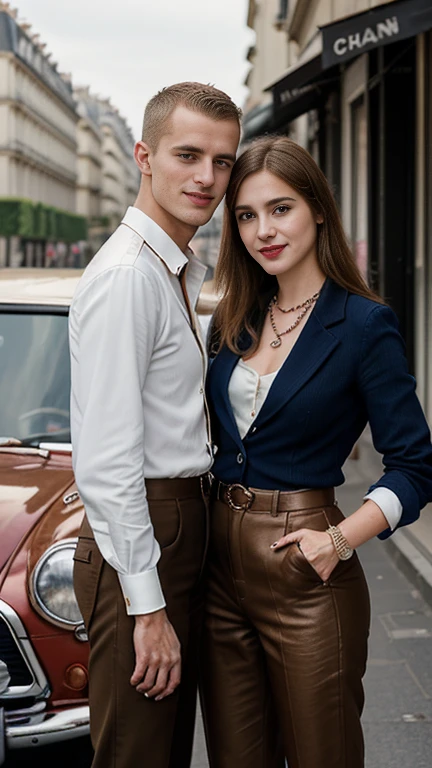 Front view, Full-body, couple is standing pose , on street , in Paris, looking Eiffel Tower, 1970 years ,(1 male and 1 female is exist), (1 male Englishman, 1 boy is 28 age old), ( blond hair, long hair, handsome face, smile ), French gentleman ( blue suit style, suit , vest, pants, (brown  shoes)), 1man and 1 woman is couple, each other love,  (A Parisian girl , 18 age, beautiful girl, Parisian girl, 18 years-old, height 175 cm), (light brown hair , blew eye, Buzz cut hair, smile ), (middle breasts, slender whist, middle hip), (White beautiful blouse :1.3), （Red mini skirt: 1.3), (Red enamel Chanel Boots), (small pearl neckless, lady's watch ), (a Chanel shoulder bag), (super detail, high details, high quality, accurate, anatomically correct, textured skin, beautiful fingers super detail, high details, high quality, best quality), 