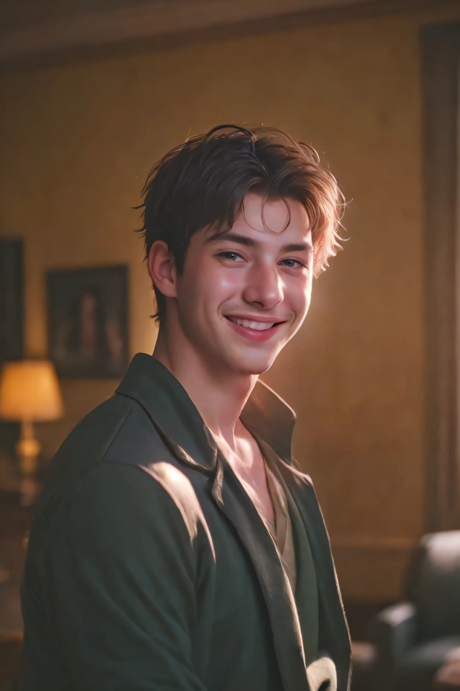 Handsome Men smiling Portrait, shot on leica, shadowplay, gorgeous lighting, subtle pastel hues, living room ,solo