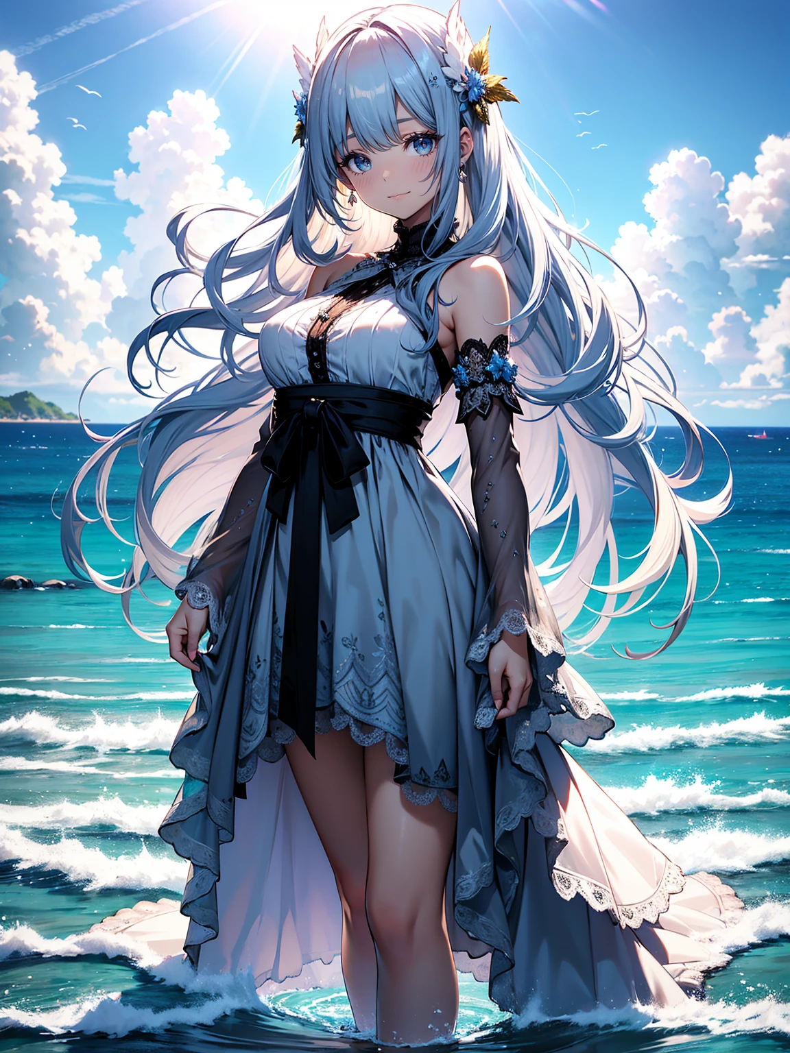 Masterpiece, 30 years age, female, long Silver hair, wearing mermaid headband, pearl necklace, Slanted eyes, blue navy long sexy dress, Standing at sea level, serious expression, with a sharp gaze, high heels, beautiful face, Full body, zoom out
