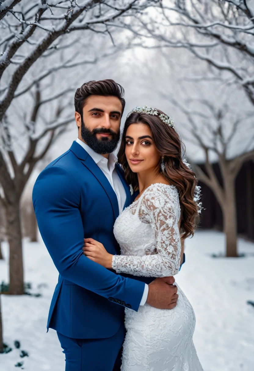 (fullbody photo:2.0) of two spouses: (a 25-year-old iranian woman, brown skin, triangular shaped face, brown eyes, long wavy hair, dark brown hair, busty, wearing a white winter wedding dress), embracing (a 28-year-old iranian man, brown skin, jawline, square jaw, short full beard, brown eyes, short hair, dark brown hair, muscular, fit body, wearing a blue groom suit), in an enchanted snowy garden, winter, (8k, photorealistic, RAW photo, best quality:1.4),