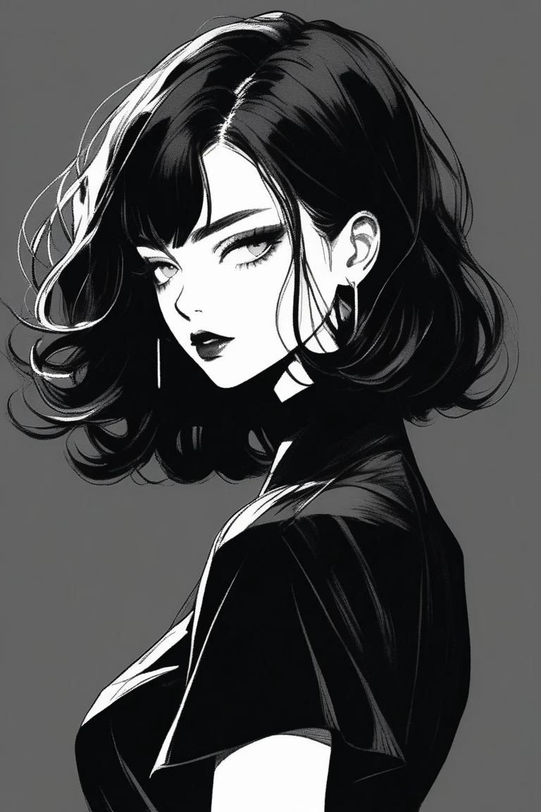 (Highest quality, sketch:1.2),Realistic,Illustrator,anime,1 girl, Detailed lips, Black Dress,custom, (Background dark monochrome), Black Hair,Texture Cropping, masterpiece, Style: Retro Classic, Dark Black, art, sketch book, (Bob Hair Black:1.75 Neon:1.32), bad woman , Dark Shadows 