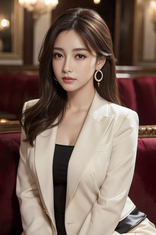 on the table, best quality, actual, super detailed, finely, high resolution, 8k wallpaper, 1 beautiful woman,, light brown messy hair, wearing a suit, sharp focus, Perfect dynamic composition, Beautiful and delicate eyes, thin hair, Detailed actual skin texture, Smile, closeup portrait, model figure,split
