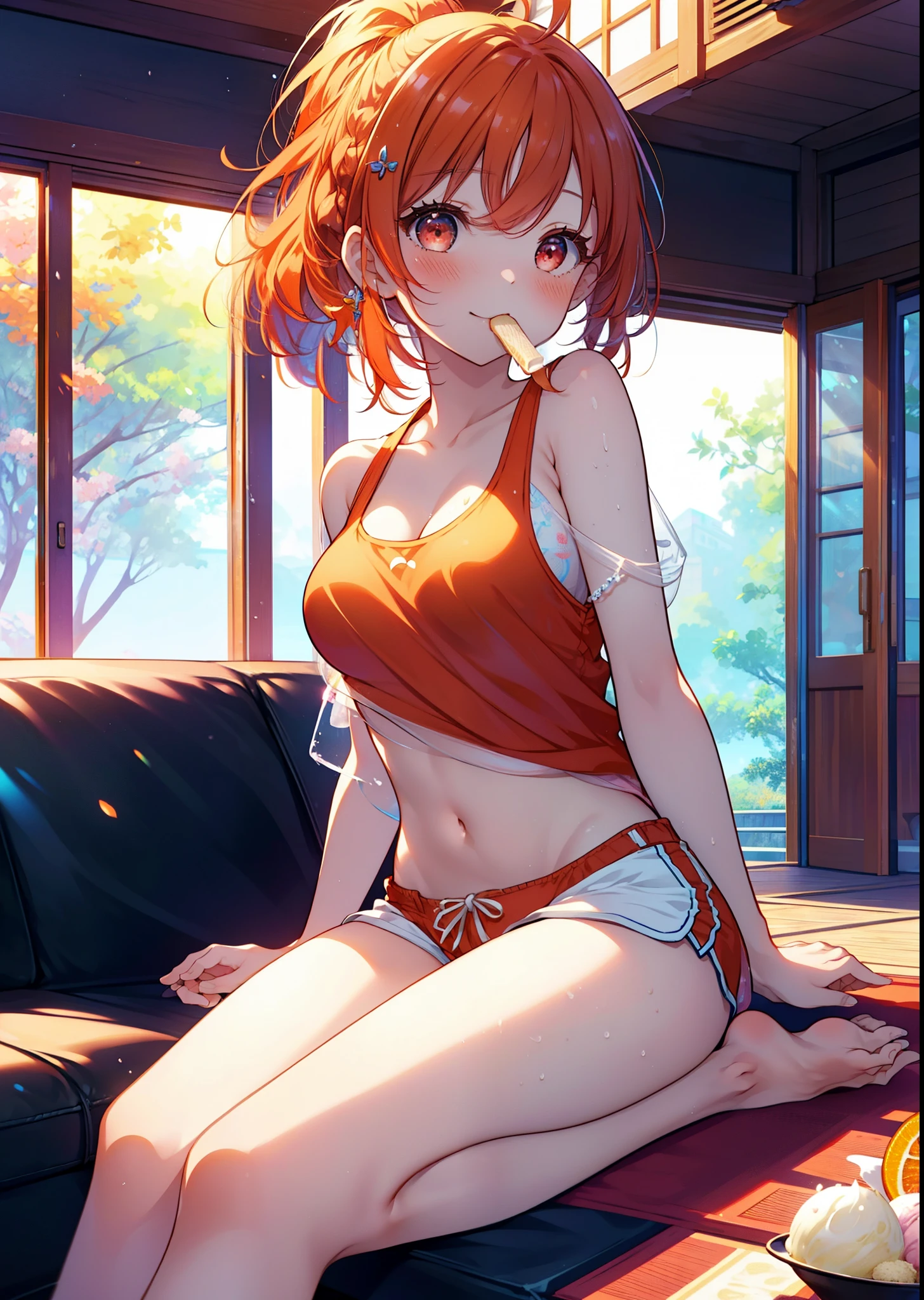 Takahai Chige,Orange Hair,Red eyes,smile,blush,Open your mouth,Long Hair,Ahoge,Orange tank top,Shorts,barefoot,Holding and eating ice cream with both hands,Sitting on the sofa,Daytime,Clear skies,　　　　　　　　　　　　　　　break indoors, room, 　　　　　　　　　　　　　break looking at viewer, whole body, (Cowboy Shot:1. 5)　　　　　　　　　　　　　　　　　　break (masterpiece:1.2), Highest quality, High resolution, unity 8k wallpaper, (shape:0.8), (Beautiful attention to detail:1.6), Highly detailed face, Perfect lighting, Extremely detailed CG, (Perfect hands, Perfect Anatomy),