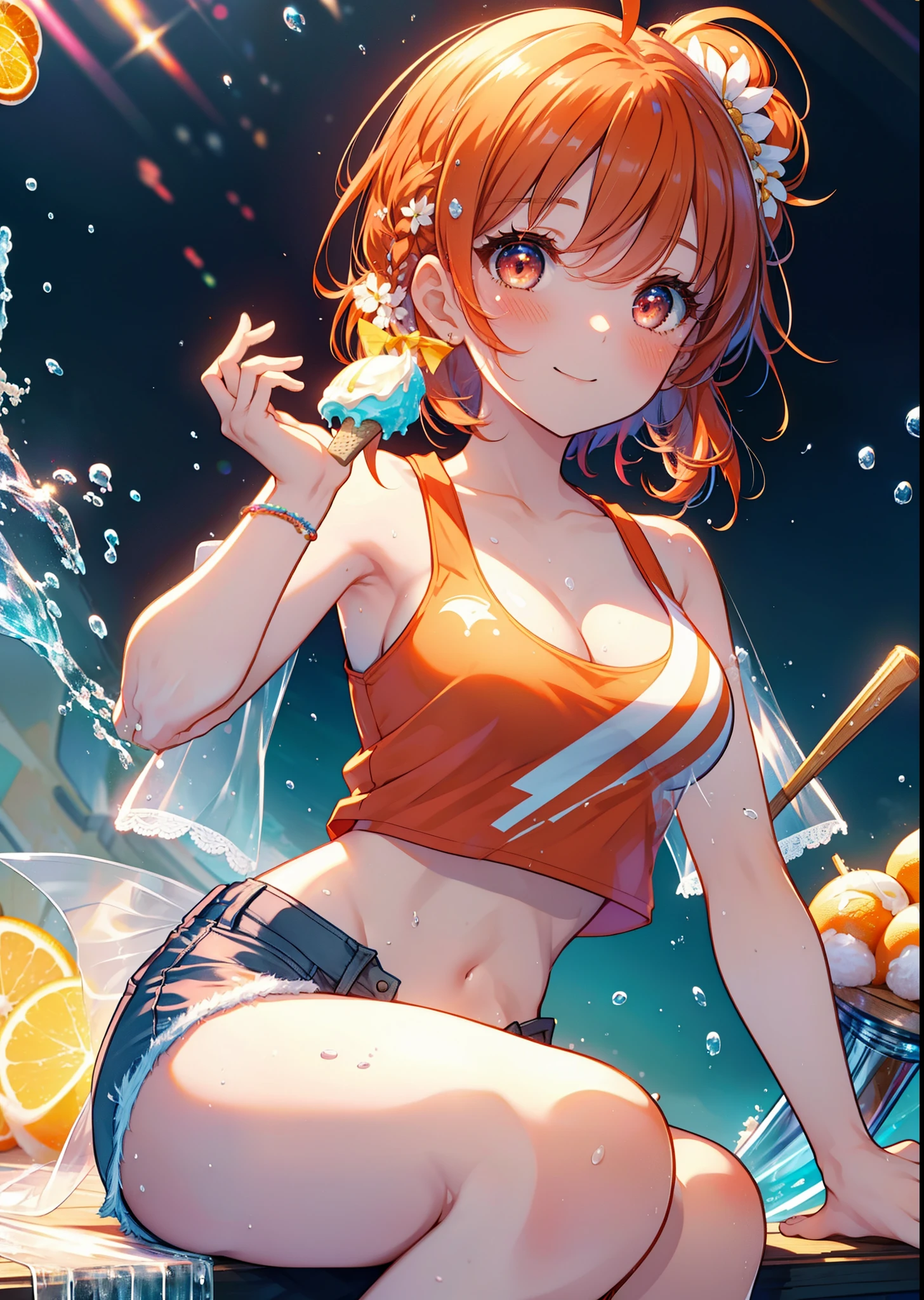 Takahai Chige,Orange Hair,Red eyes,smile,blush,Open your mouth,Long Hair,Ahoge,Orange tank top,Shorts,barefoot,Holding and eating ice cream with both hands,Sitting on the sofa,Daytime,Clear skies,　　　　　　　　　　　　　　　break indoors, room, 　　　　　　　　　　　　　break looking at viewer, whole body, (Cowboy Shot:1. 5)　　　　　　　　　　　　　　　　　　break (masterpiece:1.2), Highest quality, High resolution, unity 8k wallpaper, (shape:0.8), (Beautiful attention to detail:1.6), Highly detailed face, Perfect lighting, Extremely detailed CG, (Perfect hands, Perfect Anatomy),