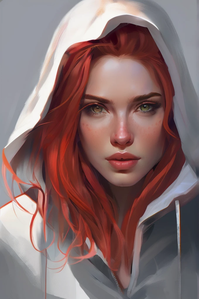 Painting of a woman with red hair and a hoodie, bloody scratch on face, beautiful character painting, rossdraws portrait, digital painting concept art, ArtStation Painting, Character portrait, fantasy concept art portrait, alexandra fomina artstation, cgsociety portrait, Character portrait, rossdraws 1. 0, stunning character art, gorgeous digital painting, Character portrait крупным планом, Digital Character Painting, cleavage, short skirt, thigh