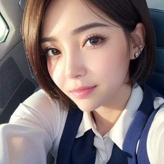 (Highest quality, realism, 8k, 32K, masterpiece, masterpiece:1.2, Highest quality:1.2, Very detailed:1.2, Ultra-high resolution:1.2, Ultra-detailed, Photorealistic photography, Very delicate and elaborate skin, Human skin high resolution 16k、So detailed you can even see the pores, Adjust brightness for natural skin, Reproduce very delicate and realistic lips, Very delicate and realistic human eyes, employment.repair)flight attendant, Inside a seat on a night flight, ((Super Face Close-up, View your viewers, Shooting from above:1.5 ,look up:1.5)) Place both ears in front of your hair:1.3, Young woman with short hair takes a selfie - face closeup, (Angle to chest, Viewpoint angle, Front facing face) Roll up your clothes to show your body, The cleavage that seems to be spilling out, ((flight attendantの制服とミニスカート、Popular Korean makeup)) cute、Sex Appeal、Crafty、Ahegao、squint、Woman's face、Paranoid symptoms、(Shortcuts, Tie your hair into a bun, Colorful hairpins, Hair ties,) eye contact、Erotic look、Lip gloss、22 years old 、Very detailed目、Very detailed口、Attractive breasts、Nose blushes、Blushing cheeks、(Slightly droopy eyes、Beauty Bureau)、Very detailed美白肌、Beautiful eyeliner、double eyelid、Glossy Lips、Beautiful and sexy face information