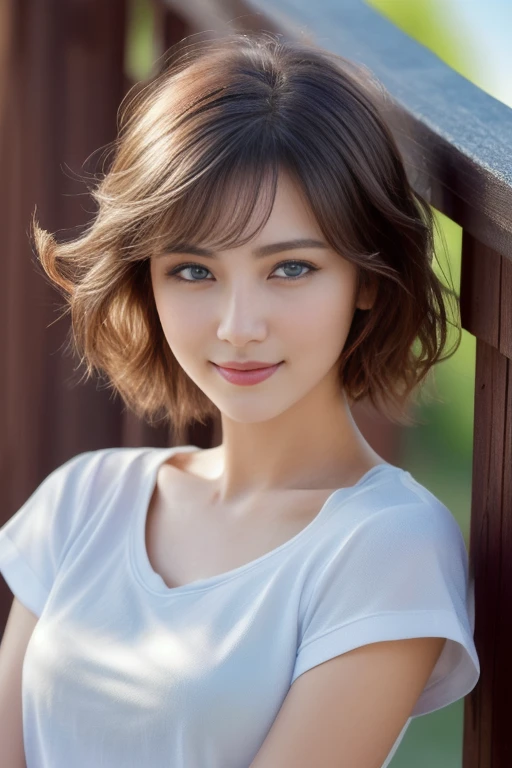 (raw, analogous term, Nikon Z 14mm Ultra Wide Angle Lens, Photography glamorosa premiada, ((Best Quality)), ((masterpiece)), ((realist)), skin pores, subsurface dispersion, rays of radiant light, high resolution, detailed facial features, High detail, Sharp focus, seeds, aesthetic, extremely detailed, (extremely detailed eyes, extremely detailed iris), extremely detailed hair, extremely detailed skin, extremely detailed clothes, Octane rendering, photorealist, realist, post processing, maximum detail, realist shadows, roughness, Natural skin texture, real life, ultra-realist, photorealism, Photography, 8k UHD, Photography, HdR, Intricate, elegant, Very detailed, Sharp focus, Awesome, beautiful, gorgeous), (masterpiece:1.2, Best Quality1:1, ultra detailed:1.2, best shadow, 8k:1.1), (massive city:1.3, ceiling:1.1, city structures below, railing), (contrasting background, bright background), (beautiful detailed face), high contrast, (perfect lighting:1.2, beautiful color, rare color), ((cinematic light)), showy, hyper detail, dramatic light, Intricate details, (1 girl, Alone, By the chestnut, smiling face, short hair, wavy fur:1.1, blue eyes, Dynamic Angle, White T-shirt, Cowboys, cowboy shot, arms down), depth of field