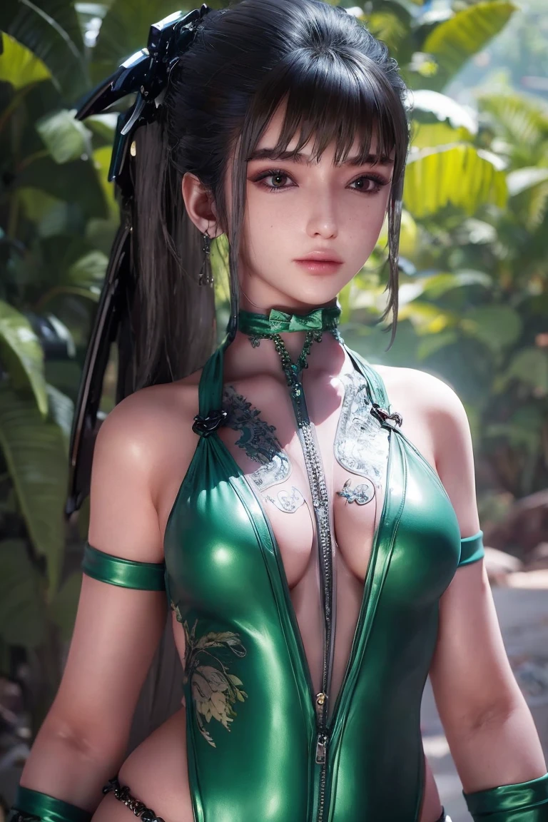 portrait, a close up of a woman in a green and silver outfit, eve, stellar blade, ((light brown eyes)), 8k octae render photo, in monster hunter armor, unreal engine render + a goddess, forest hunter lady, wearing monster hunter armor, 8k portrait render, bikini + tattered military gear, 4 k render, 4k render, 8 k cg render, warrior outfit, gorgeous jungle ranger, wide hips, oiled skin, posing, perspective front, frontal pose
