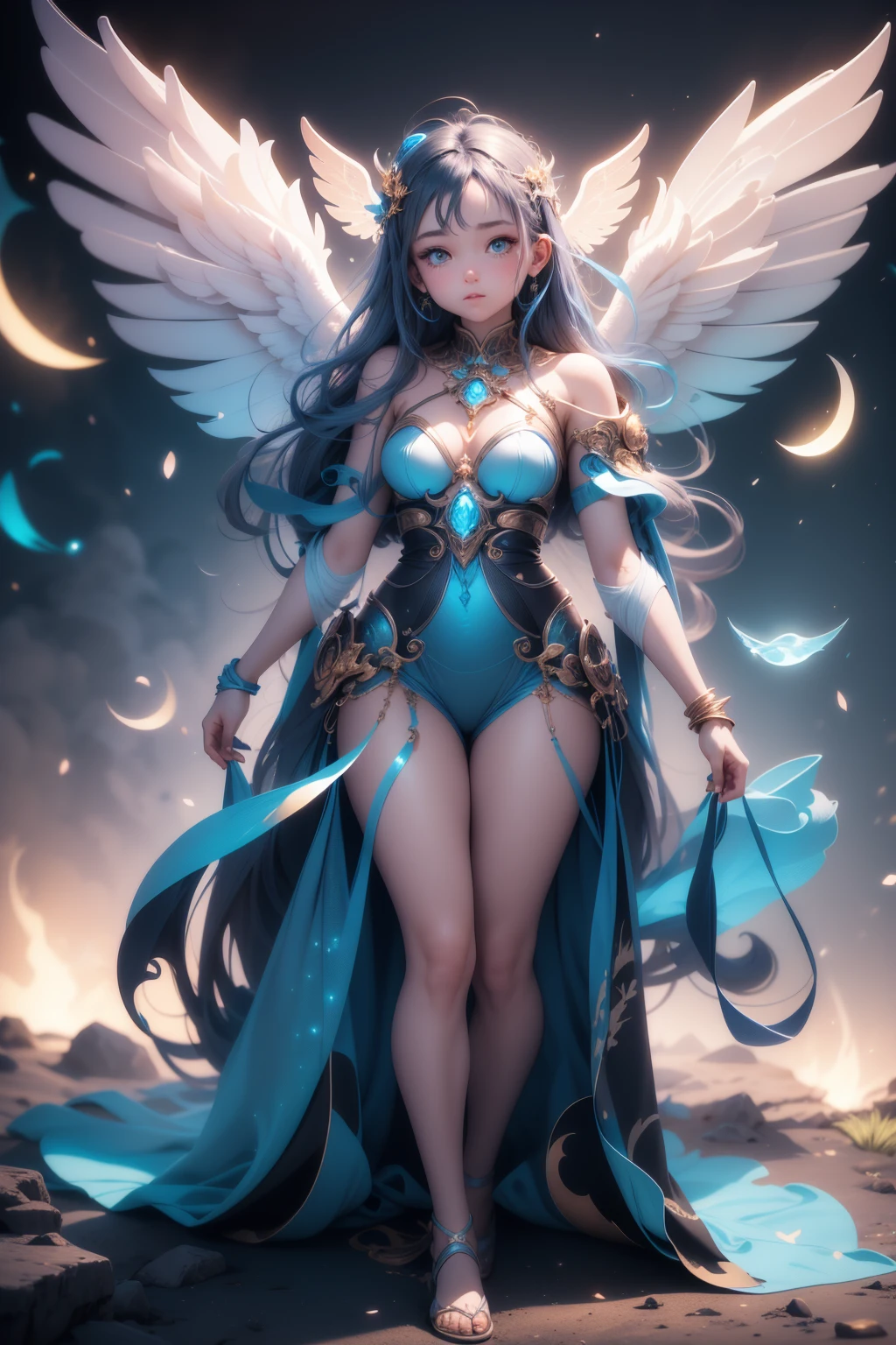 RAW Photos, Realistic, Ultra-realistic, RAW Photos, Realistic, celestial 16-year-old angel girl, large transparent glowing blue glass wings, spreading wide, simple dress, floating in the night sky, beautiful stars and moon, bright blue city lights below, looking up, viewed from above, all elements glowing blue, world-class illustration, award-winning, fantasy illustration, vivid hues, detailed and soft lighting, Highest quality, masterpiece, Ultra-high resolution, 8K, Highest quality, masterpiece, Ultra-high resolution, 8K