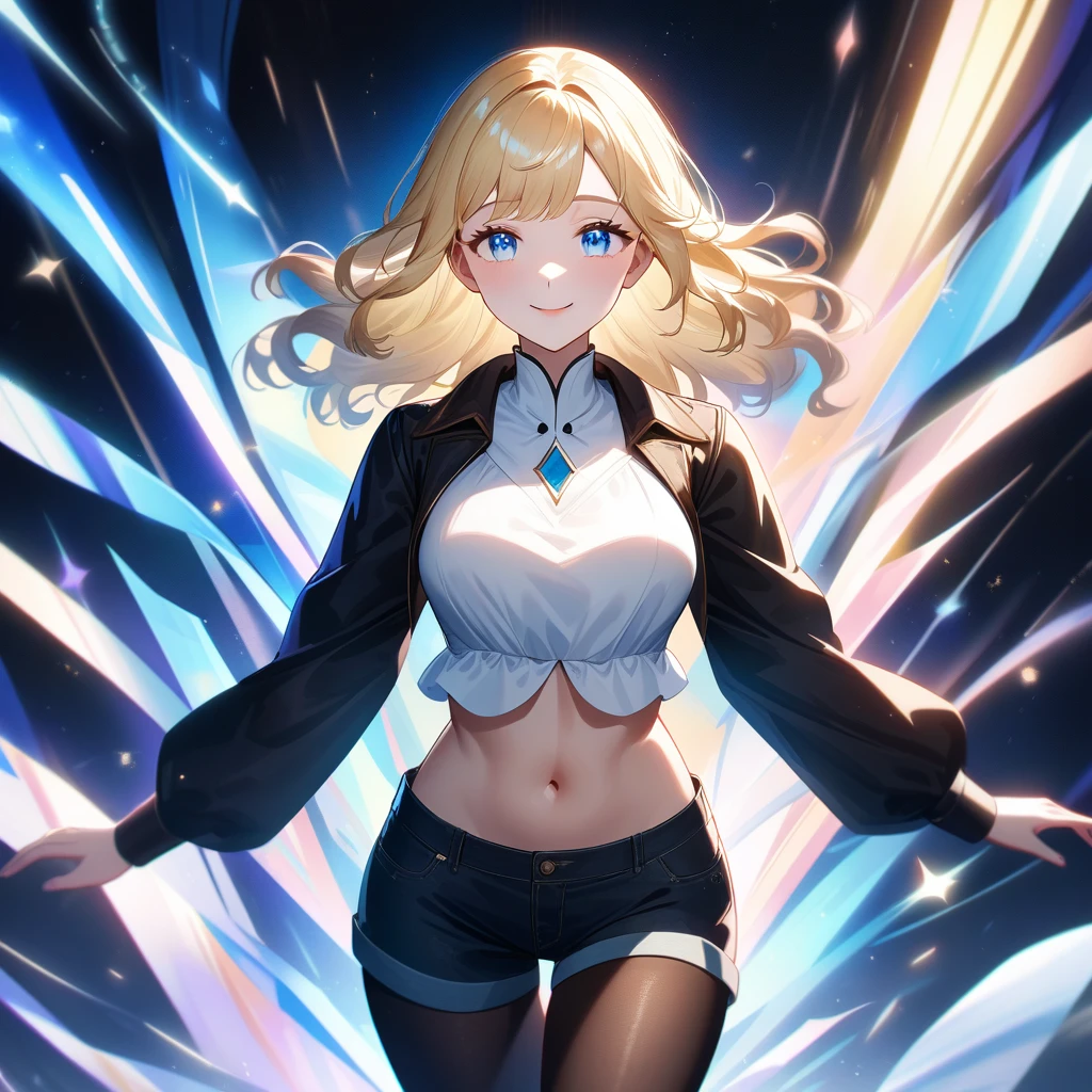 A close-up portrait of a beautiful woman with a joyful and happy aura, smiling brightly with the confidence of someone radiating happiness. Anime style with ultra-detailed, bright light blue eyes and long, semi-wavy blonde hair. The background is a dark, realistic shadowed environment. She is wearing a white blouse with long sleeves and her abdomen and navel exposed, paired with a white and black jacket. Her outfit includes short black denim shorts, black tights, and long black boots. Her breasts are smalll-sized. The lighting is good, highlighting her features and clothing details in 4K resolution. Her expression exudes a sense of joy and positivity.
