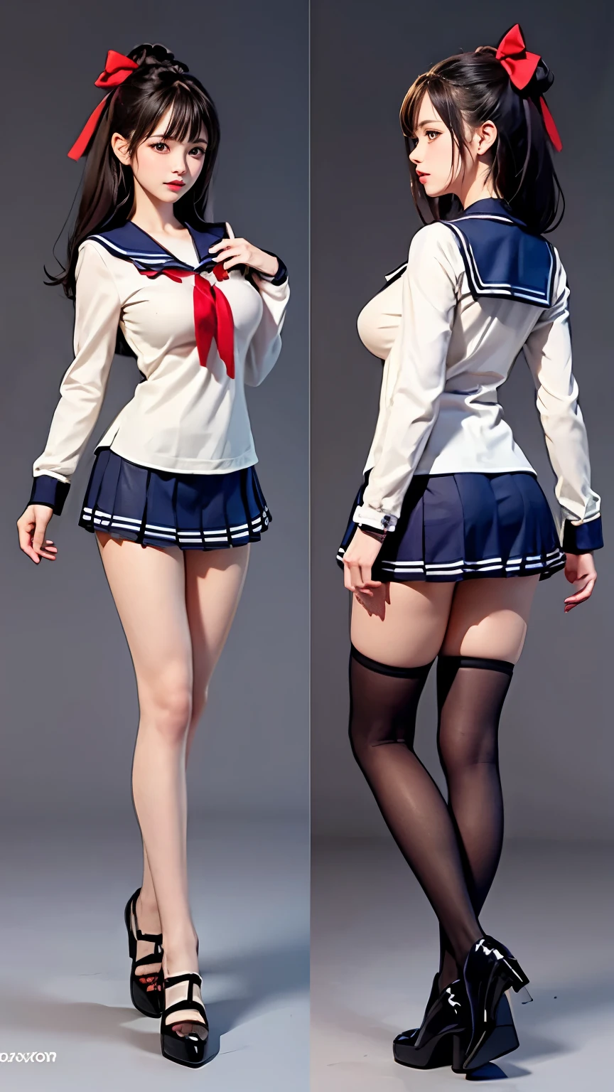Full body drawing reference, Perfect Proportions, Beautiful young woman wearing a sailor uniform with a micro mini skirt exposing her breasts and crotch、Cute Naked Women、Front view, Side view, Rear View