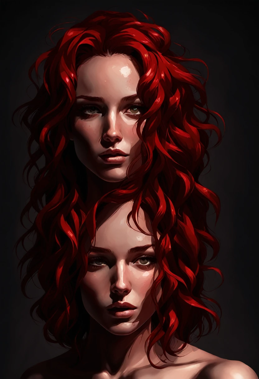 figurative female head, curly red hair, freckles, digital painting, dark background, by Thiago Moura Janurio and Wlop, backlit, melancholic but colorful, dark background, trending on artstation, cleavage, thigh, sexy
