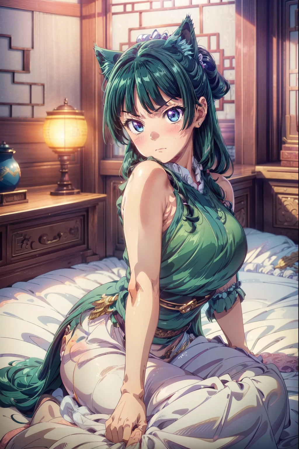 (Masterpiece, High Quality, Top quality, High-Detailed, Detailed CG, Cinematic Shadow, Cinematic Scene, Beautiful Detailed Eyes, Ultra Resolution, Depth of Field, High Resolution, Masterpiece: 1.2), Anime art style, Very detailed, Dynamic Angle, Teen Style, Detailed Green Hair, Detailed Blue Eyes, Slim Body, Cat Ear, Sparkling Eyes, Hair Accessory, Earrings, Slightly Blunt Bangs, Looking at the Audience, (Blush Expression:1.2), (Angry Expression:1.2), (Dark Green Hair), Purple Eye, Five Fingers, Good Composition, Arms, Thighs, Medium Breasts, Medium Size Breasts, Blur Background, Chinese Architectures