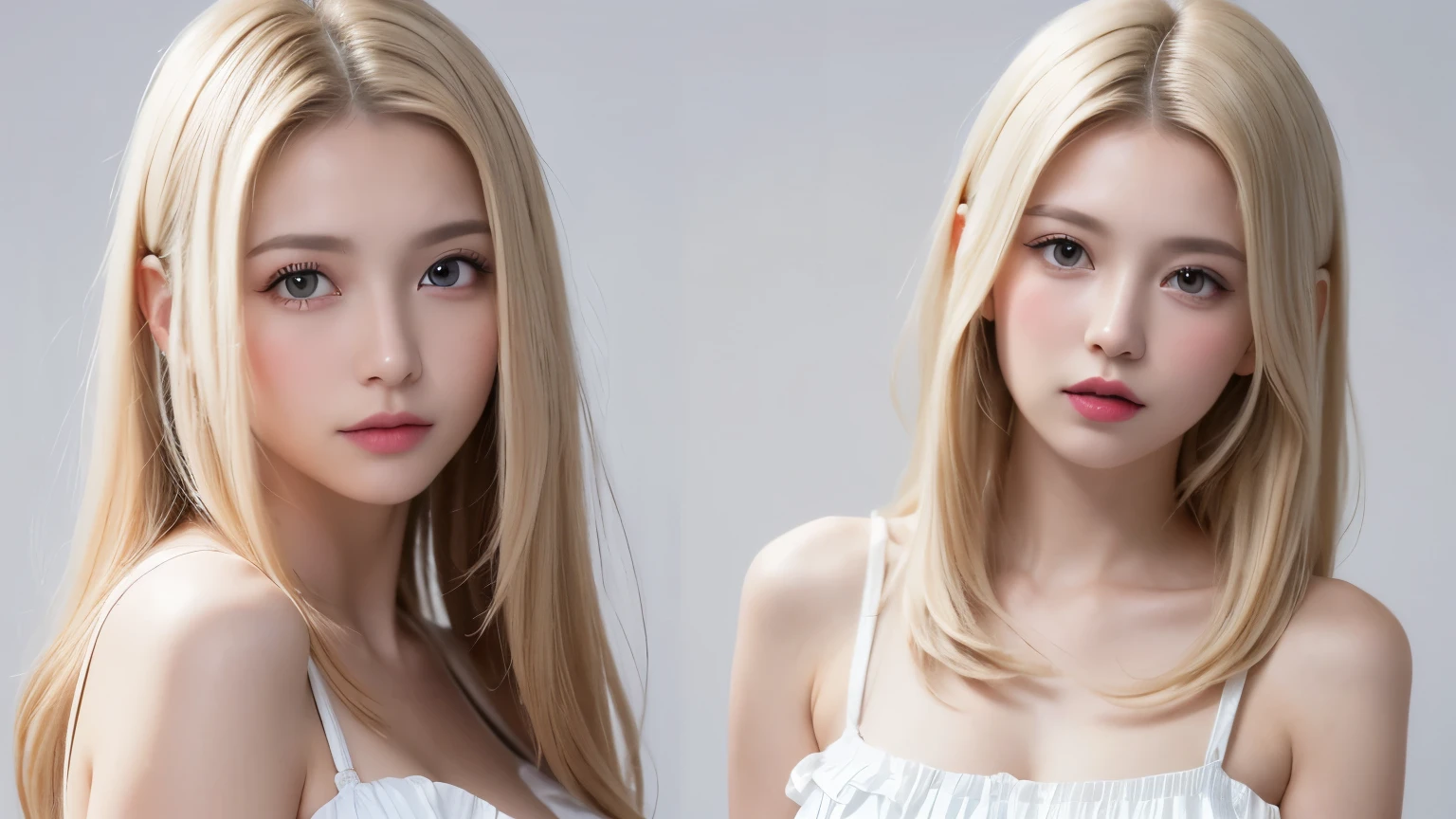 (((forehead、Extreme pose、A calm face、business casual、White Blonde Hair、Waist-length hair、Northern Europe、White、beautiful girl、Blonde、White background、cute、Young、True Face、Shiny Hair、whole body)))、table top, highest quality, figure, super detailed, finely, High resolution, 8k wallpaper, Perfect dynamic composition, detailed and beautiful eyes, Deco out,bionde, medium hair, big breasts, Natural color lip,white background, random cute poses,frill dress