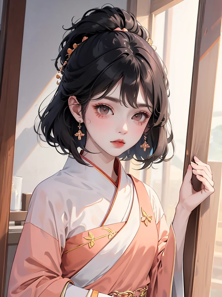 (flat color:1.1),(masterpiece:1.2), original, medium length straight black hair, peach-colored eyes, mature girl 白いブラウス