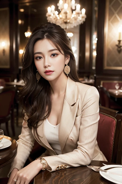 masterpiece, Highest quality, Realistic, Very detailed, Finer details, High resolution, 8k wallpaper, One beautiful woman, Wear a nice suit, In a great restaurant, At night, Light brown messy hair, Perfect dynamic composition, Beautiful and beautiful eyes、Big earrings、Sit on a chair