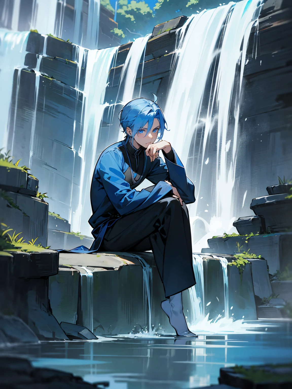 1male, dark blue hair, vergil hair, medium length hair, light blue eyes, blue Yukata, black Sweatshirt, earrings, lazy, water shrine, waterfall, sitting on rock