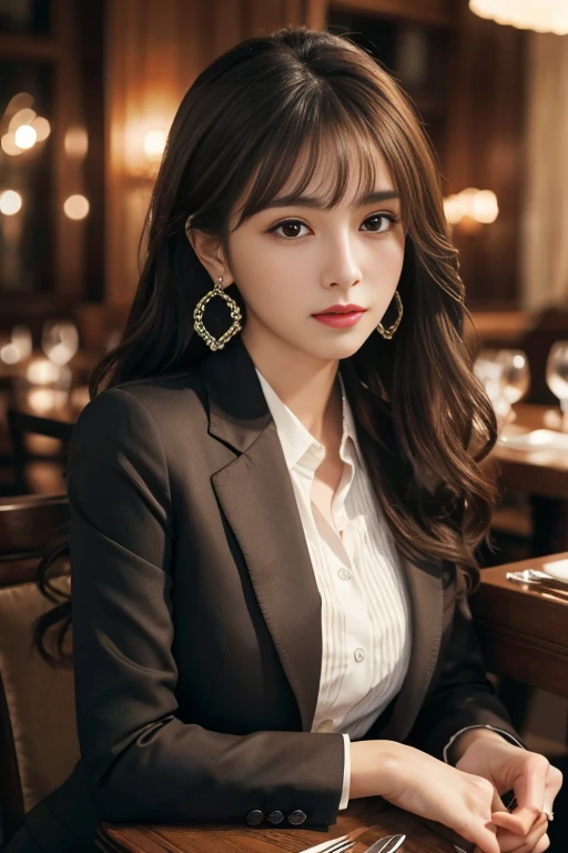 masterpiece, Highest quality, Realistic, Very detailed, Finer details, High resolution, 8k wallpaper, One beautiful woman, Wear a nice suit, In a great restaurant, At night, Light brown messy hair, Perfect dynamic composition, Beautiful and beautiful eyes、Big earrings、Sit on a chair