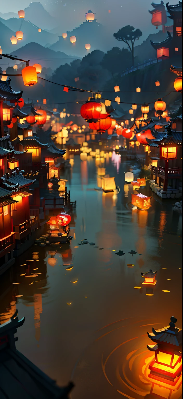 Night scene of lanterns on the river, Dreamy Chinese town, Rossla Global Lighting, Luminous Light! number, Floating Chinese satire, Water Lanterns, Night Lanterns, 美丽的number艺术作品, Ross Chen. Landscape background, Matte Mystery Dota Pixar, floating lights, A Japanese town, Epic Concept Art. Bokeh, Global Illumination. Visual effects
