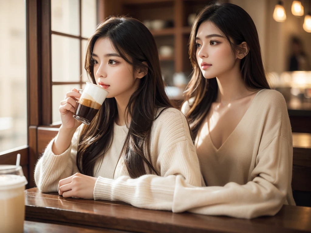 beautiful detailed girl drinking a cup of coffee, 1girl, realistic, photorealistic, 8k, highly detailed face, stunning eyes, elegant expression, long flowing hair, intricate clothing details, coffee shop interior, warm lighting, soft focus, cinematic composition