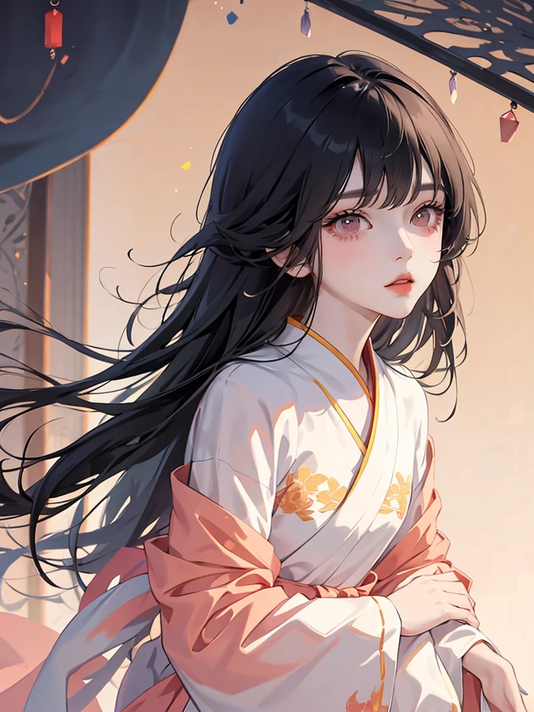 (flat color:1.1),(masterpiece:1.2), original, medium length straight black hair, peach-colored eyes, mature girl 白いシャツ