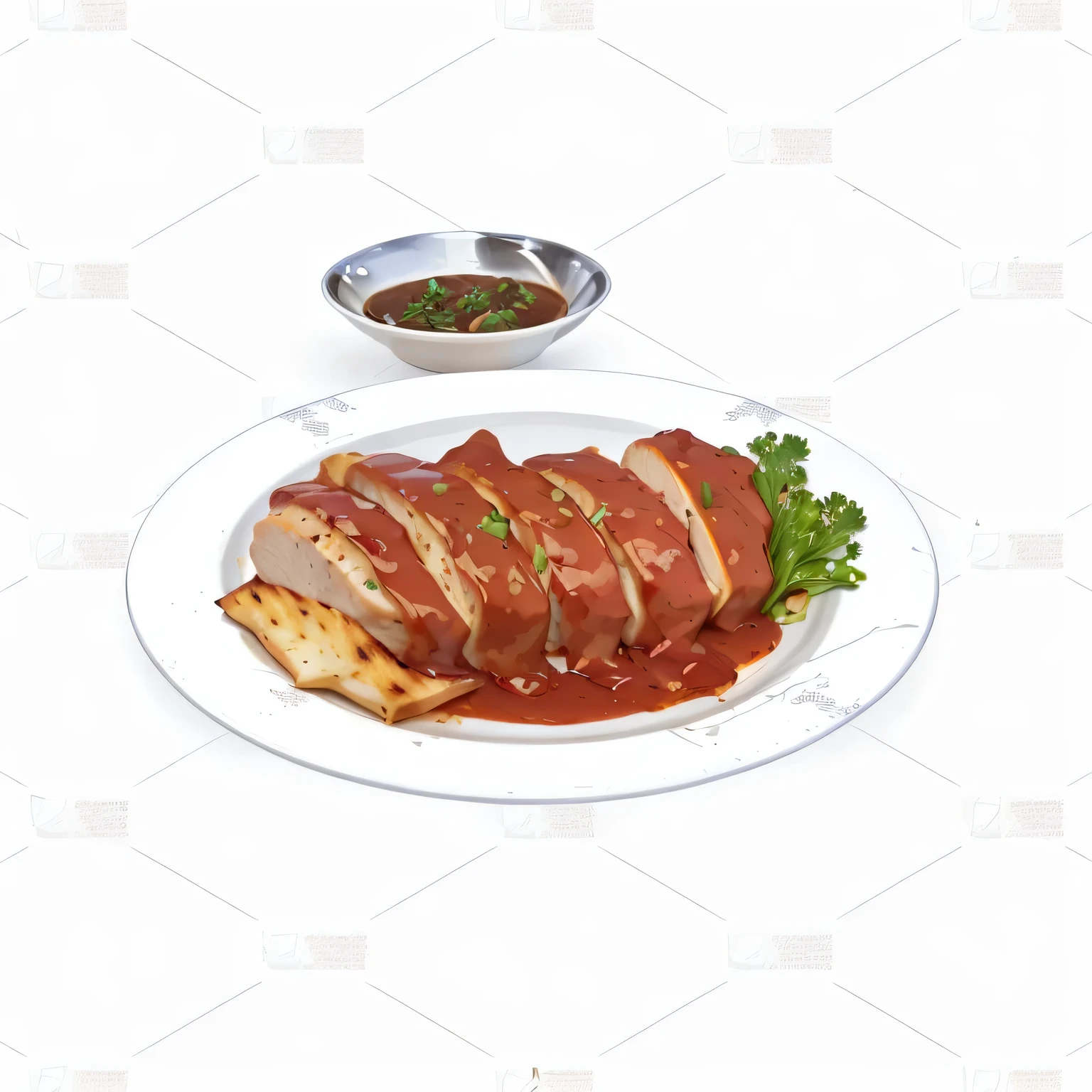 A plate with meat and sauce, pork, serve on a plate, Hyper-realistic food pictures, HD illustrations, A beautiful artistic illustration, Offer a plate of food, Amazing food illustrations, made in illustrator, Illustration of a duck, delicious food, Realistic illustration, Dinner is ready, chicken, Matte digital illustration, grilled chicken, photoRealistic illustration
