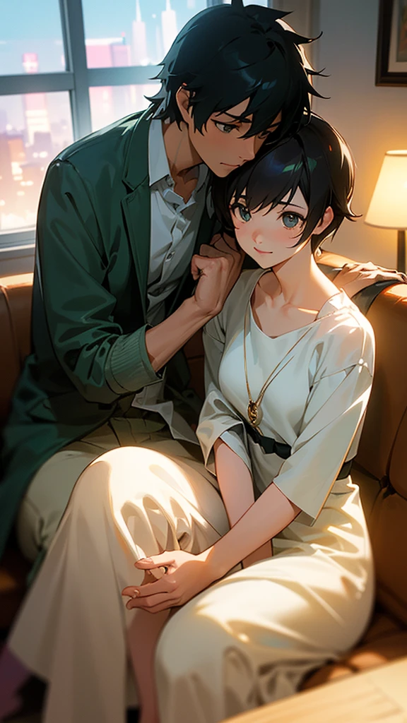 "A couple sitting on a sofa in a living room in an anime scene, anime scene, (Makoto Shinkai inspired), sitting alone in a cafe, TV anime still, Makoto Shinkai inspired. High-resolution (4k, 8k, highres, masterpiece:1.2), ultra-detailed, (realistic, photorealistic, photo-realistic:1.37) representation of the couple, with vivid colors, sharp focus, and bokeh effect. The couple is immersed in a romantic atmosphere, surrounded by soft and warm lighting. The room is beautifully decorated with anime posters and plush toys, reflecting their love for the anime world. The male character has messy black hair and expressive eyes, wearing a casual outfit with a stylish jacket. The female character has long flowing hair and captivating eyes, wearing a cute dress with a sweet smile on her face. The scene is captured from a slightly elevated angle, providing a cozy and intimate perspective. The couple's hands are gently intertwined, showing their strong bond and affection. The room is filled with a soft aroma of coffee, creating a relaxing and enjoyable ambiance. The window behind them showcases a stunning cityscape, with sparkling lights and a beautiful sunset in the distance. The prompt shows their love for each other and their love for the anime world, blending reality and fiction in a harmonious and romantic way."