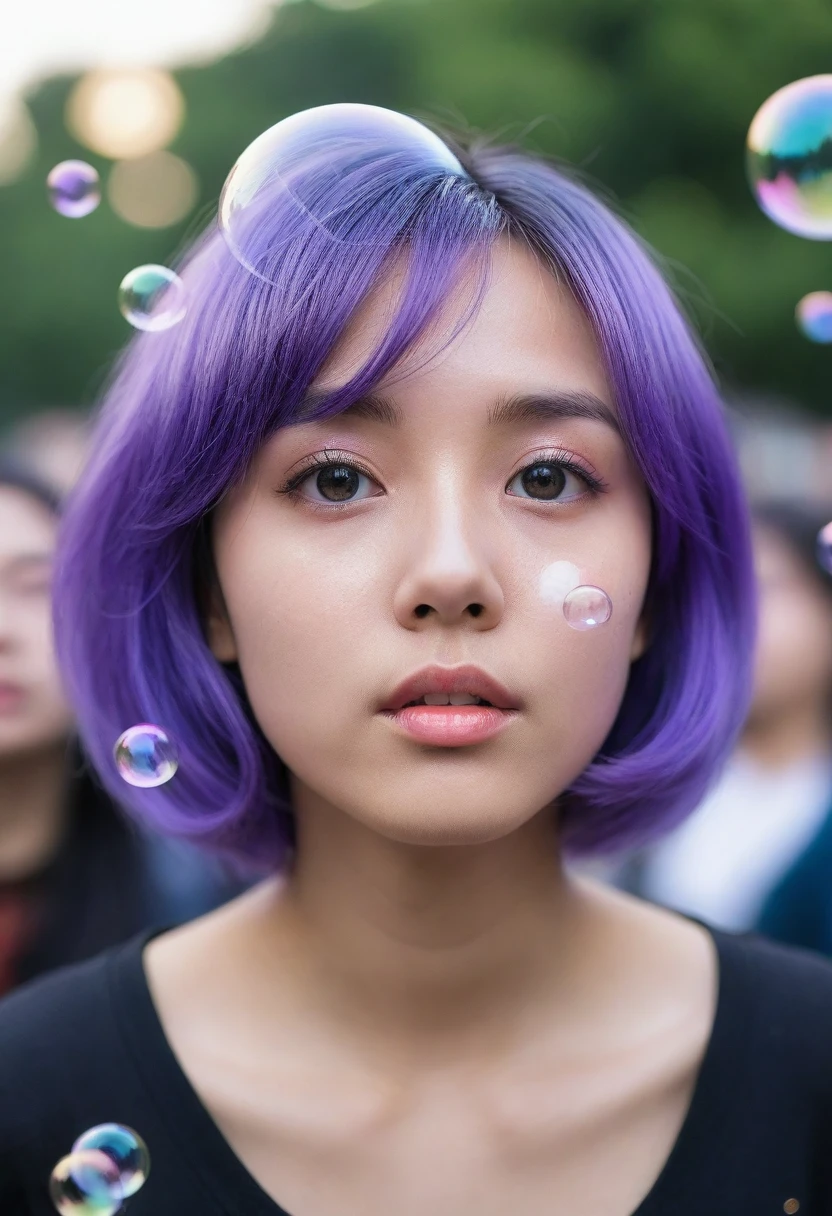 Solitary, 1 Girl, Purple Eyes, Purple Hair, bubble, Looking at the audience, portrait, Half closed eyes, short hair, Shut up,shiny bubbles,bubbles, colour shining in bubble, reflective bubbles,bubbles ,bubbles all around, turning into bubble  d罩杯
