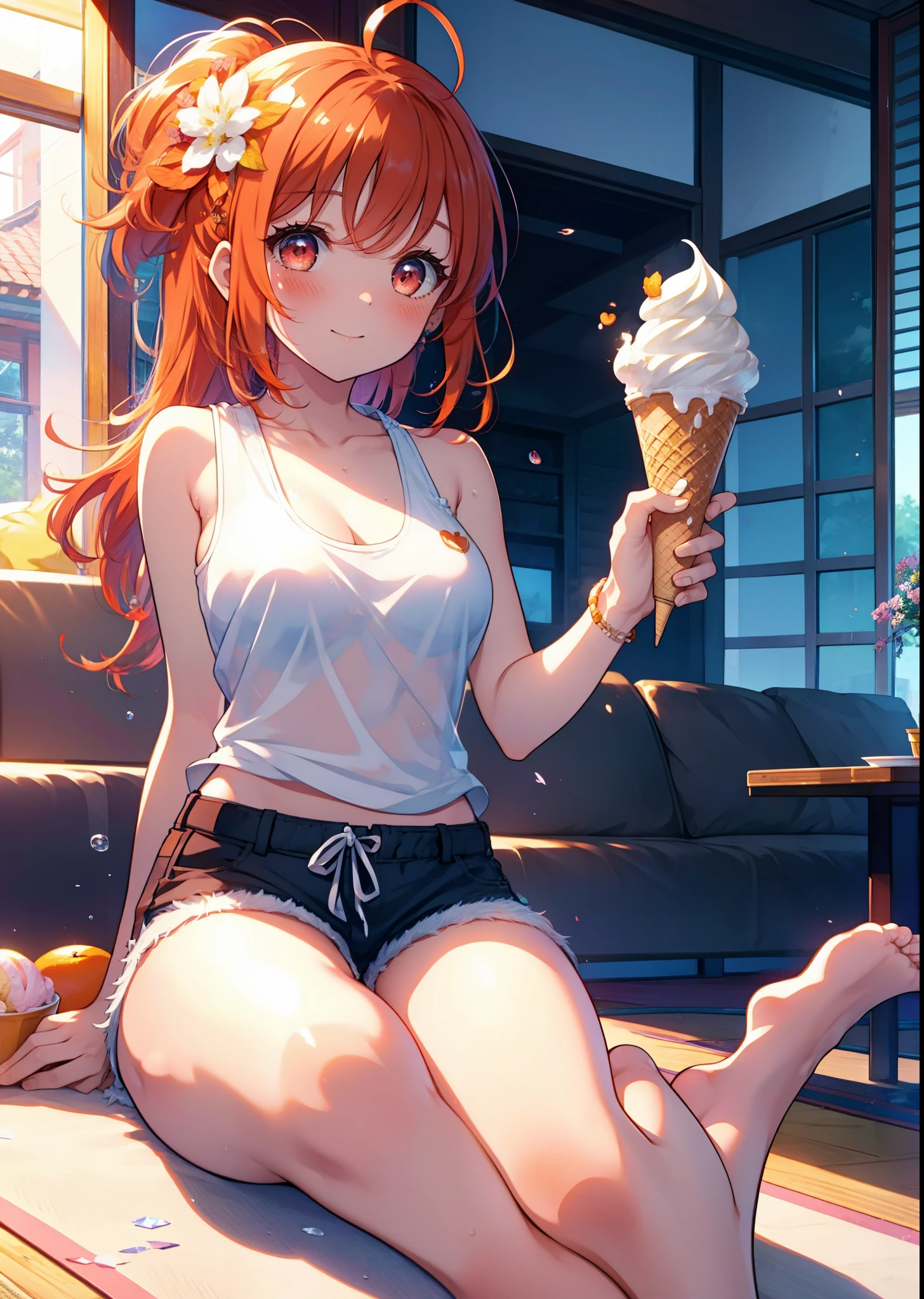 Takahai Chige,Orange Hair,Red eyes,smile,blush,Open your mouth,Long Hair,Ahoge,Orange tank top,Shorts,barefoot,Holding and eating ice cream with both hands,Sitting on the sofa,Daytime,Clear skies,　　　　　　　　　　　　　　　break indoors, room, 　　　　　　　　　　　　　break looking at viewer, whole body, (Cowboy Shot:1. 5)　　　　　　　　　　　　　　　　　　break (masterpiece:1.2), Highest quality, High resolution, unity 8k wallpaper, (shape:0.8), (Beautiful attention to detail:1.6), Highly detailed face, Perfect lighting, Extremely detailed CG, (Perfect hands, Perfect Anatomy),