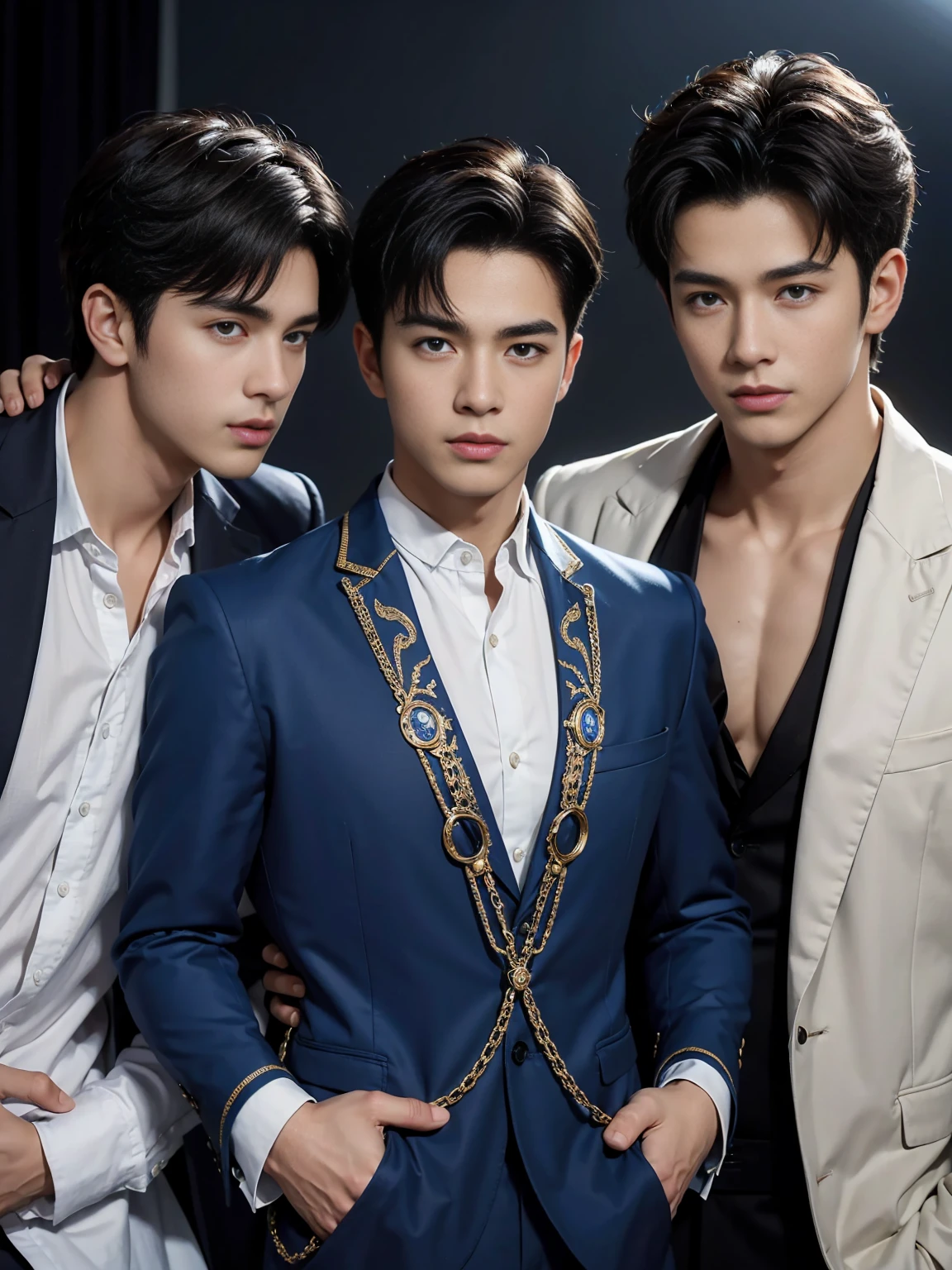 ((masterpiece)),((best quality)),8K,high detail,Very detailed, Very manly，3 men, like，fashion pose, Realistic skin texture, Light,
Royal blue style couple