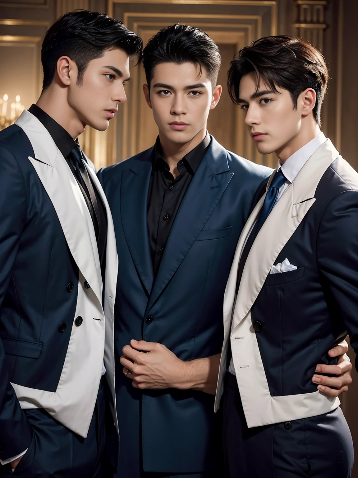 ((masterpiece)),((best quality)),8K,high detail,Very detailed, Very manly,3 men, like,fashion pose, Realistic skin texture, Light,
Royal blue style couple