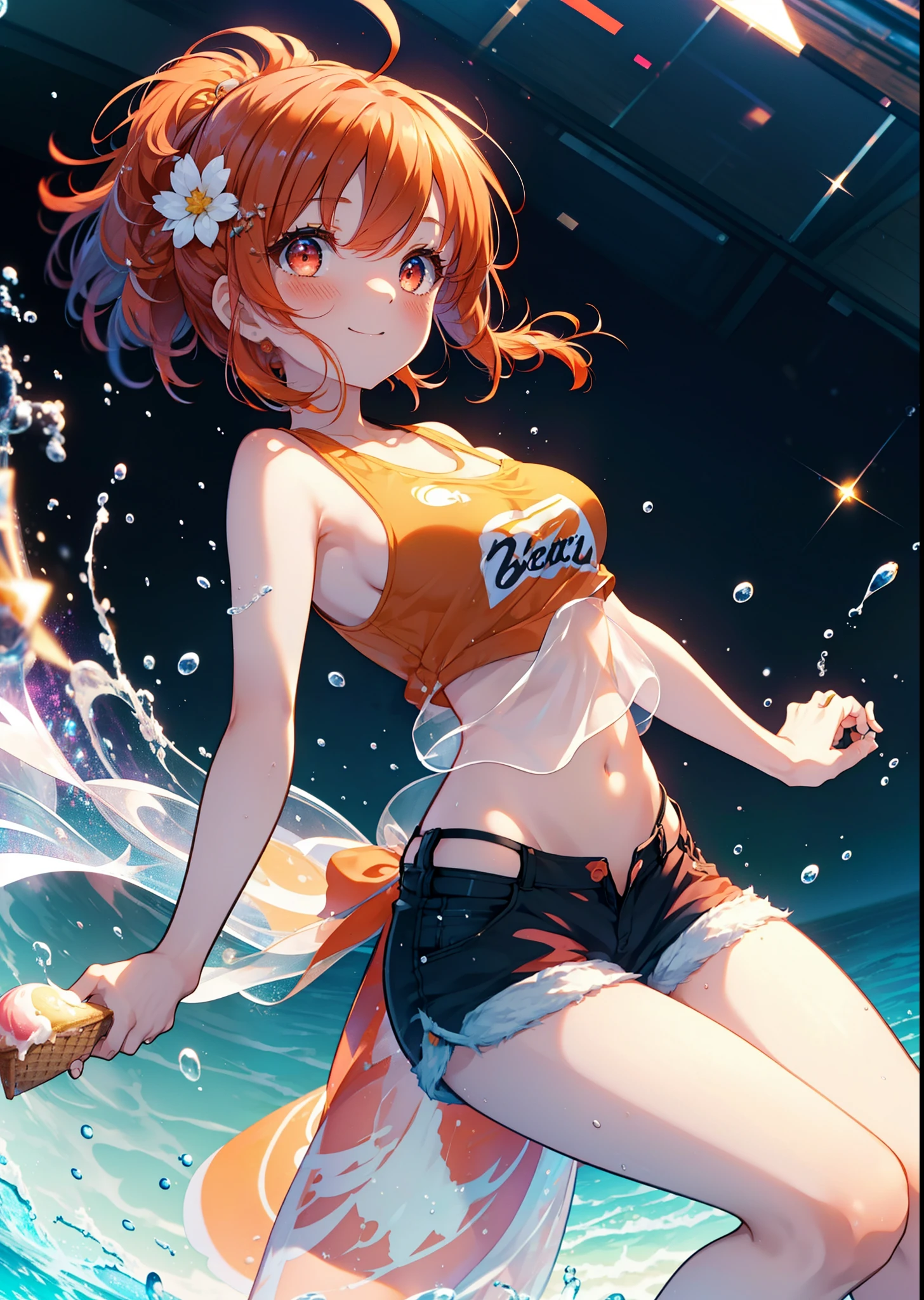 Takahai Chige,Orange Hair,Red eyes,smile,blush,Open your mouth,Long Hair,Ahoge,Orange tank top,Shorts,barefoot,Holding and eating ice cream with both hands,Sitting on the sofa,Daytime,Clear skies,　　　　　　　　　　　　　　　break indoors, room, 　　　　　　　　　　　　　break looking at viewer, whole body, (Cowboy Shot:1. 5)　　　　　　　　　　　　　　　　　　break (masterpiece:1.2), Highest quality, High resolution, unity 8k wallpaper, (shape:0.8), (Beautiful attention to detail:1.6), Highly detailed face, Perfect lighting, Extremely detailed CG, (Perfect hands, Perfect Anatomy),