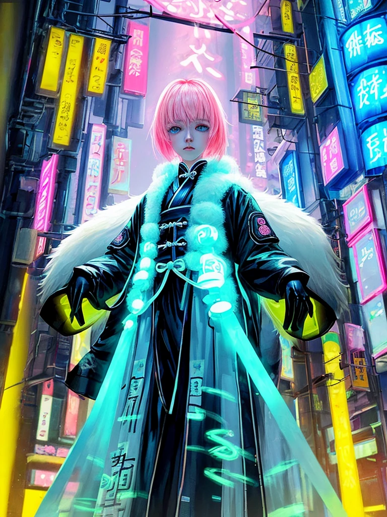 flashy, neon lights, pale pink, yellow baby, payment, white, cyberpunk beauty, 1 girl, artist name, black fur, blue eyes, layers, closed mouth, copyright name, shining, have, jewelry, lips, looking at the viewer, magic, magic circle, collar, neon lights, Ofuda, outdoors, short hair, alone, upper body, bamboo has, cyberpunk, 3D, neon lights, bagua ,Tai Chi ,Future Technology ,Shining, Shining Effect ,Attention to Details ,Top Quality, Tang Dynasty Clothing, Hanfu