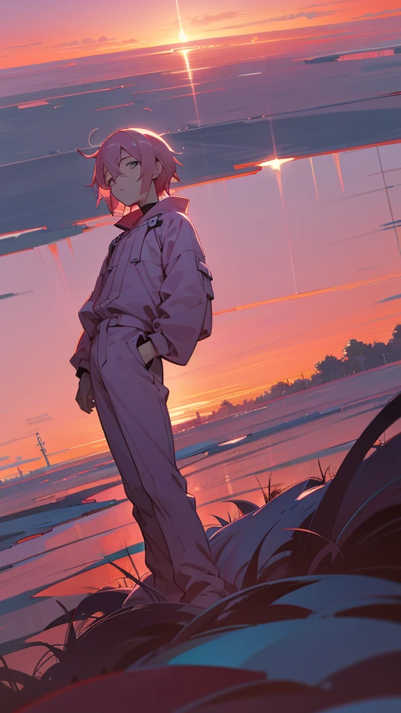 anime guy full body looking high at the pinkish moody dusk sky, camera is set at the ground, ant view, exhausted, wide-angle view, bottom to top camera angle, moody