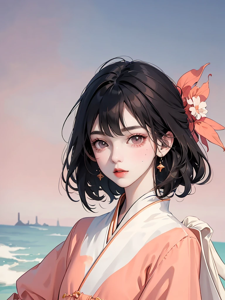 (flat color:1.1),(masterpiece:1.2), original, medium length straight black hair, peach-colored eyes, mature girl 白いドレス